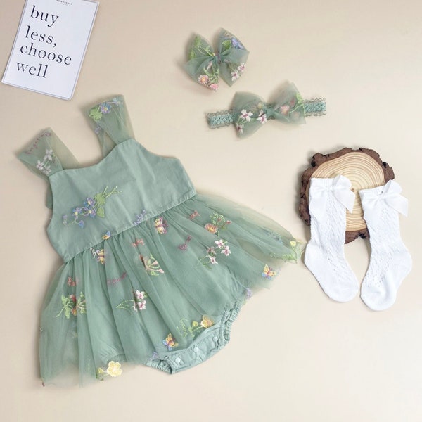 Sage Green -The ORIGINAL Enchanted Rose Fairy Floral Spring Embroidered Tulle Romper, Flower Girl Romper Tutu Party Dress, First Birthday