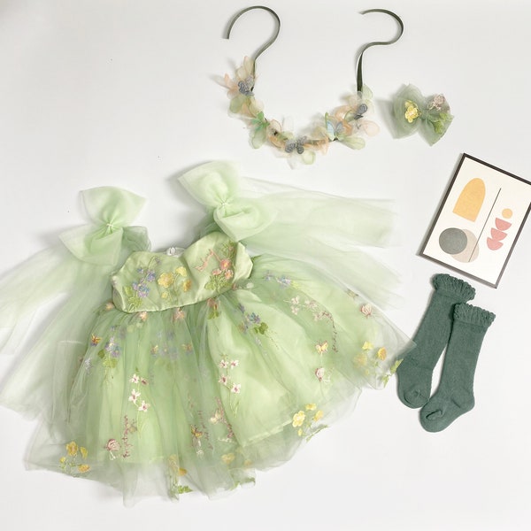 Sage Green - The ORIGINAL Enchanted Rose Fairy Floral Spring Embroidered Tulle Dress, Flower Girl Romper Tutu Party Dress, First Birthday