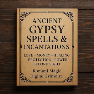 May include: A brown book with the title "Ancient Gypsy Spells & Incantations" in black text. The book also includes the text "Love - Money - Healing Protection - Power Second Sight Romani Magic Digital Grimoire".