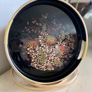 Vintage 1960s Japanese-Inspired Lacquer Tray with Woven Handles