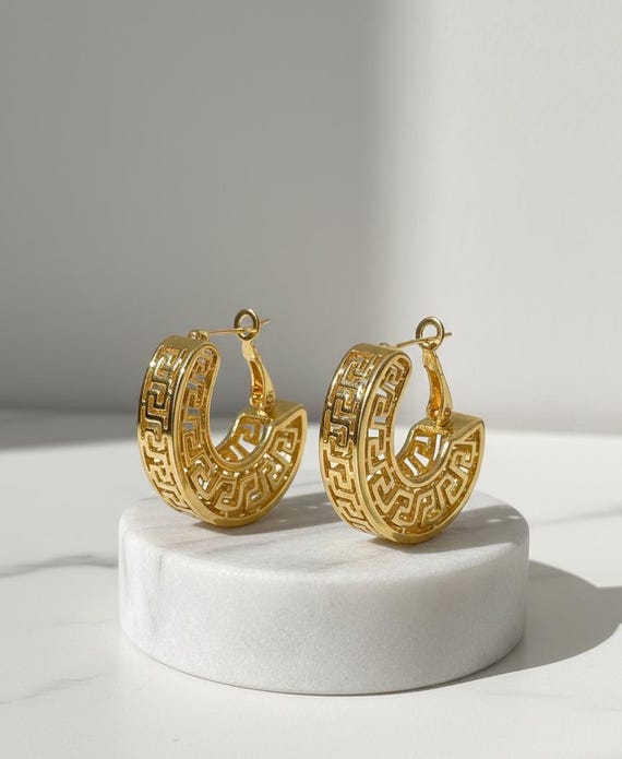 Vintage 24K Gold Plated Greek Key Hoop Earrings – Architectural Meander Cut-Out Statement Hoops
