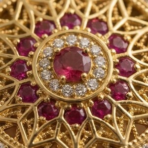 K&ouml;nnte beinhalten: Nahaufnahme eines goldfarbenen Schmuckst&uuml;cks mit kreisf&ouml;rmigem Design. Das Zentrum zeigt einen gro&szlig;en, runden, rubinroten Edelstein, umgeben von kleinen Diamanten. Zus&auml;tzliche rubinrote Steine sind um den Umfang gesetzt.