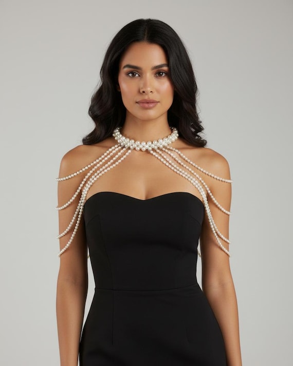 Draped Pearl Shoulder Necklace | Bridal Pearl Harness Necklace | Elegant Pearl Body Jewelry