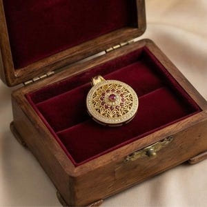 K&ouml;nnte beinhalten: Ein goldener Anh&auml;nger mit einem zentralen roten Edelstein und umliegenden roten und klaren Steinen, eingefasst in einem verzierten, kreisf&ouml;rmigen Design. Der Anh&auml;nger liegt in einer Holzschmuckschatulle mit rotem Samtinterieur.