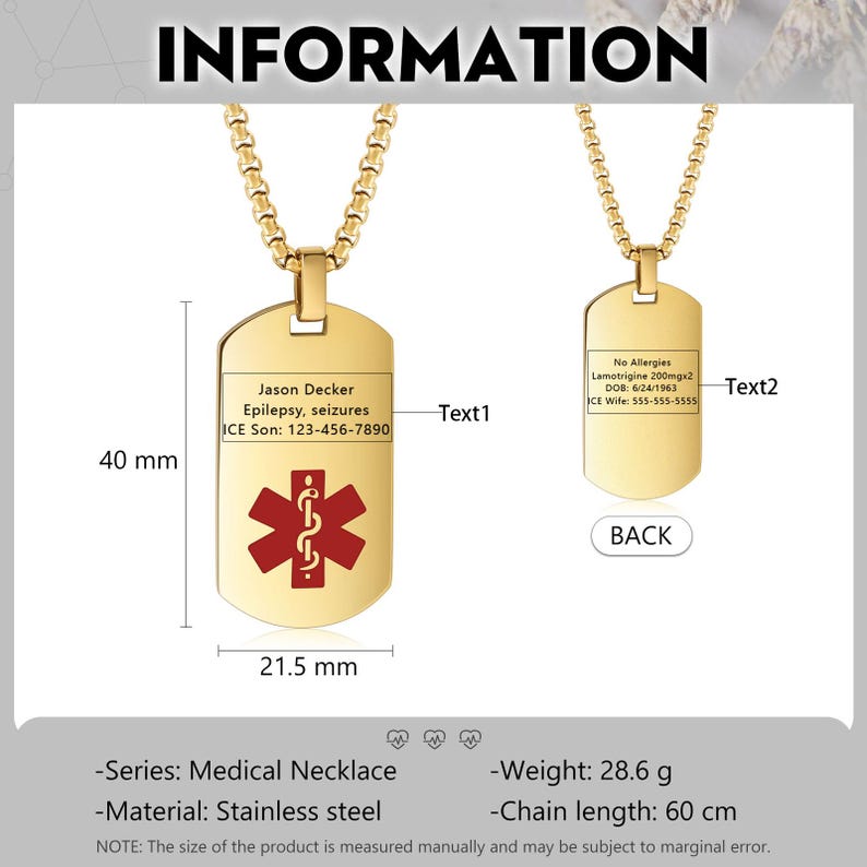 Personalized Medical ID Necklace for Men, Custom Medical Alert ID Tag ...