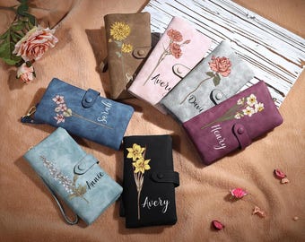 Custom Name Women Wallet, Personalized PU Leather Birth Flower Wallet, Engraved Woman Purse, Gift for Girls, Bridesmaid, Mothers Day for Mom