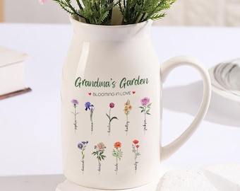 Personalized Grandma's Garden Vase, Ceramic Vase with Grandkid's Name,Love Grows Here,Mothers Day Gifts for Grandma,Custom Birth Flower Gift