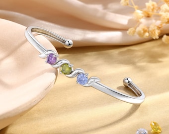 Custom Birthstone and Name-Engraved Bracelet, Adjustable Cuff Bangle with Gemstones, Personalized Mother's Day Gifts, Anniversary Gift