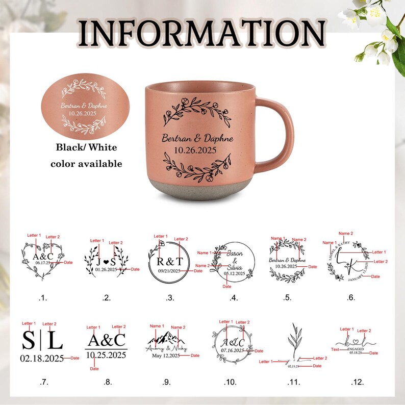 Op de afbeelding: Een terracotta-kleurige keramische mok met een grijze basis, met een zwart bloemenkransontwerp en de tekst "Bertran & Daphne 10.26.2025." Extra ontwerpopties worden hieronder getoond. Verkrijgbaar in zwart of wit.