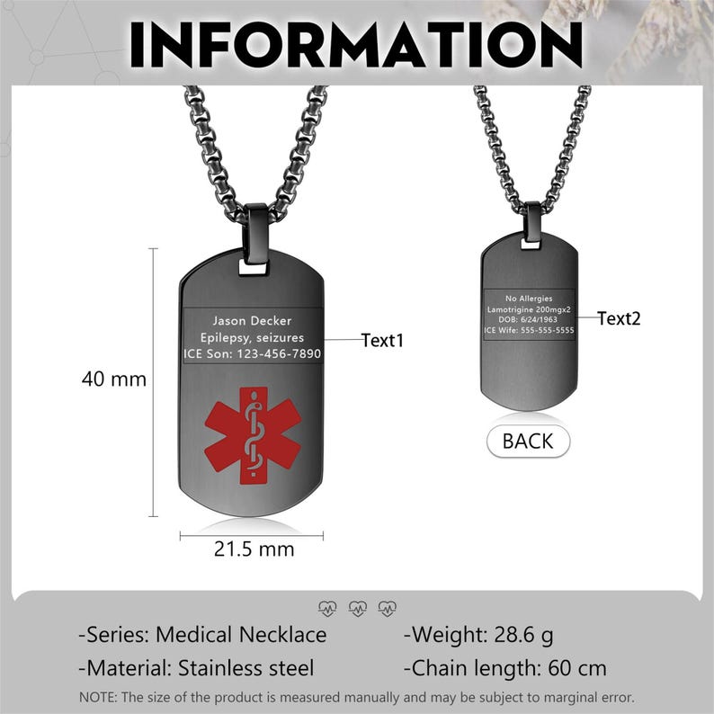 Personalized Medical ID Necklace for Men, Custom Medical Alert ID Tag ...