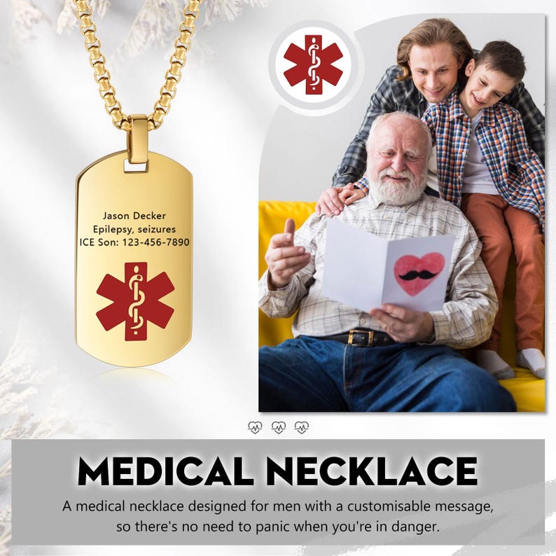 Personalized Medical ID Necklace for Men, Custom Medical Alert ID Tag ...