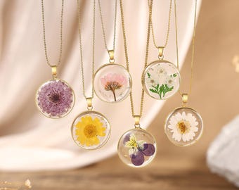Personalized Birth Flower Necklace, Custom Handmade Pendant Real Dried Birth Month Flower, Resin Jewelry, Birthday Gift for Her, Bridesmaid