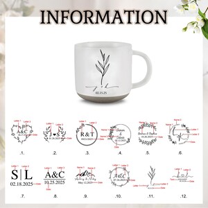 Op de afbeelding: Witte keramische mok met een grijze basis, met een minimalistisch botanisch ontwerp en de initialen "j + h" met de datum "02.15.25". De mok heeft een gebogen handvat en is geschikt voor warme dranken.