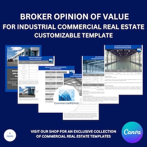 Op de afbeelding: Een aanpasbare sjabloon voor een makelaarsverklaring van waarde voor industrieel commercieel vastgoed. De sjabloon bevat secties voor eigendomsgegevens, bevolkings- en inkomenskenmerken, gebouwkenmerken, verkoopvergelijk en een makelaarsverklaring van waarde. De sjabloon is ontworpen voor gebruik door vastgoedprofessionals om hen te helpen bij het bepalen van de reële marktwaarde van industrieel commercieel vastgoed.