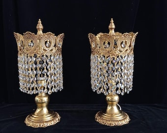 Pair Vintage Brass Crystal Table Lamps, French Style, 1960s