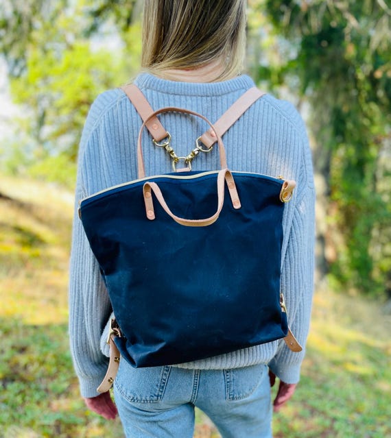 Waxed Canvas Convertible Backpack Shoulder Bag Veg Tan Leather