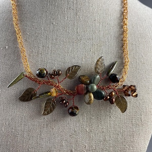 Picasso Jasper beaded floral necklace nature jewelry woodland poppy earth tones