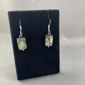 May include: A pair of dangle earrings featuring rectangular abalone shell pendants with iridescent green, blue, and purple hues. Each pendant is accented with a small dark bead and suspended from a silver-toned metal hook wire.