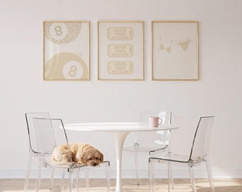 Conjunto de 3 pósteres modernos en color beige con estampado de leopardo / Bola de la suerte 8, estilo Y2K, buenas vibras / Arte de pared retro digital para descarga, ideal para dormitorios universitarios y apartamentos.