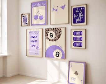 Set of 8 Trendy Purple, Leopard Print Posters | Lucky 8 Ball, Y2K, Playing Cards | Retro Digital Download Wall Art, Dorm, Apartment