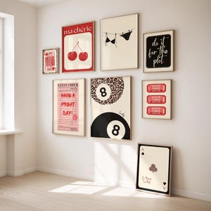 Set of 8 Trendy Red, Black, Cheetah Print Posters | Lucky 8 Ball, Y2K, Playing Cards | Retro Digital Download Wall Art for Dorm, Apartment