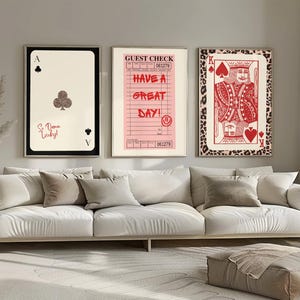 Set of 3 Trendy Red, Black, Cheetah Print Posters | Guest Check, Y2K, Playing Cards | Retro Digital Download Wall Art for Dorm, Apartment
