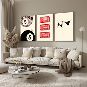 Set of 3 Trendy Red, Black, Cheetah Print Posters | Lucky 8ball, Y2K, Good Vibes | Retro Digital Download Wall Art for Dorm, Apartment
