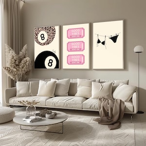 Set of 3 Trendy Pink, Black, Cheetah Print Posters | Lucky 8ball, Y2K, Good Vibes | Retro Digital Download Wall Art for Dorm, Apartment