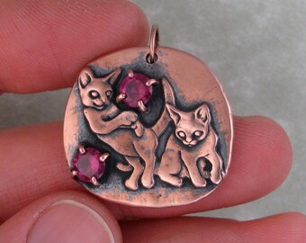 Cats playing kittens copper pendant with ruby cubic zirconias DTPD