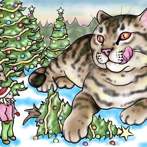 May include: A large tabby cat with orange eyes sits in a snowy forest setting. The cat is licking its lips and appears to be looking at a small deer and a child standing near a decorated Christmas tree. There are several other Christmas trees in the background.