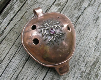 English Pendant Ocarina tree of life pink sapphire ruby metal clay recycled copper white copper DTPD