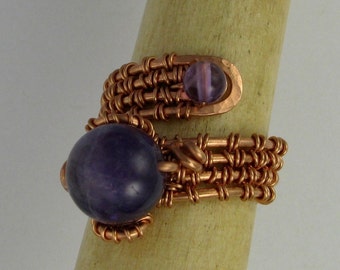 Amethyst bead wire wrapped copper adjustable ring DTPD