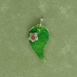 Fine silver enameled raspberry leaf with pink sapphire flower pendant DTPD image 1