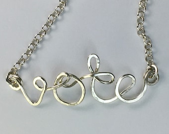 Vote necklace hammered argentium sterling silver wire wrapped sturdy statement pendant DTPD