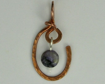 Charoite drop pendant hammered silver and copper wire wrapped statement pendant DTPD