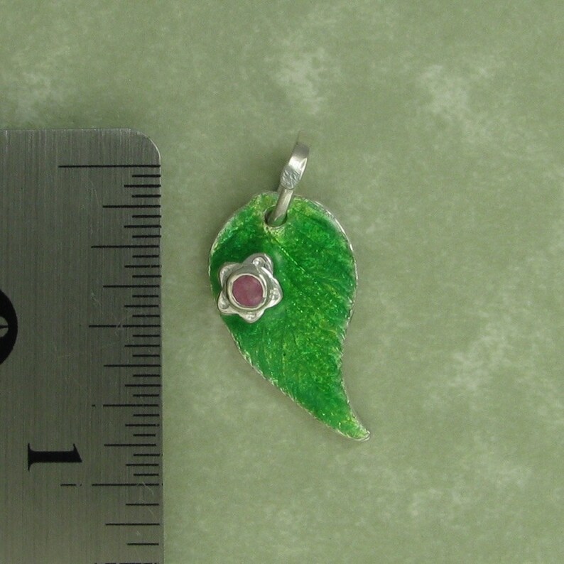 Fine silver enameled raspberry leaf with pink sapphire flower pendant DTPD image 3