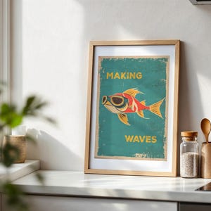 Making Waves Fish Illustration • Digital Print • Retro • Vintage • Kid Poster • Illustration • Fish Swimming Print •  Fish Illustration
