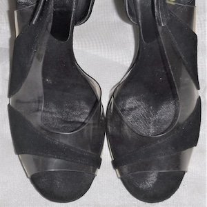 Vintage L.A. Lady Clear and Black Velvet Peep Toe Sling Back Pumps Slides 7N Women&#39;s Sandals