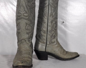 Vintage Grey Gray Leather Olathe KS Tall Cowboy Boots Women's 6 A Western Stacked Heel