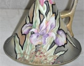 Nippon Porcelain Iris Moriage 7 quot Ewer HP Hand Painted Purple Pink Irises Flowers