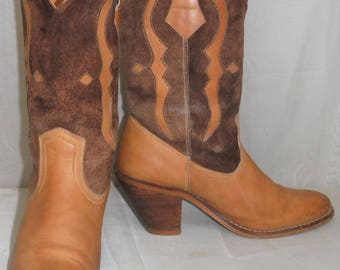 Vintage Tan Brown BOHO Leather Suede Cowboy Western Short Boots Women's 6 1/2 B
