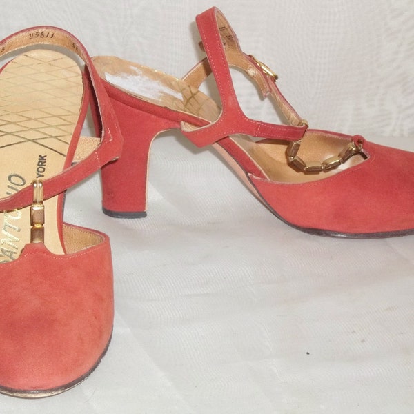 Vintage D'Antonio T-Strap Mary Janes Suede Heels Shoes Pumps 5B