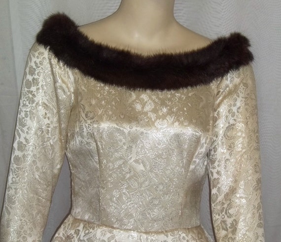 Vintage 1940's Silk Mink Fur Brocade Dress Long Go