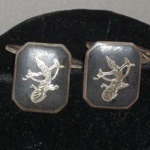 vintage Sterling Silver Siam Cuff Links Black Dancers Niello Thaïlande Boutons de manchette
