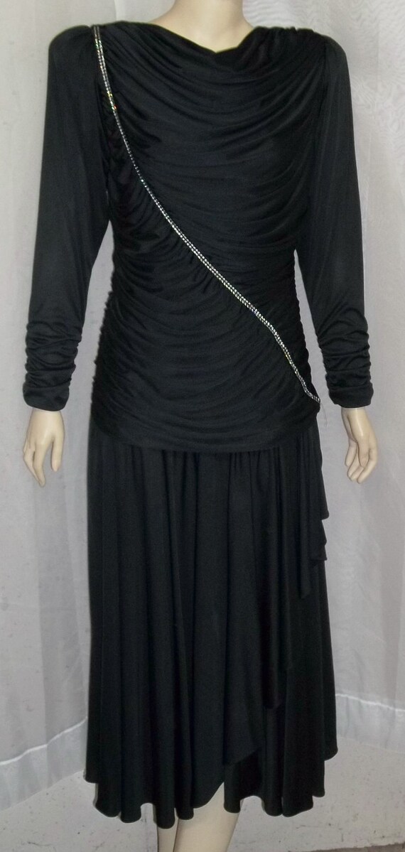 Vintage 1970's Claralura Black Formal Dress Rhine… - image 2