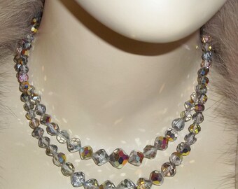 Vintage AB Aurora Borealis 2 Strand Necklace Crystal Sparkly