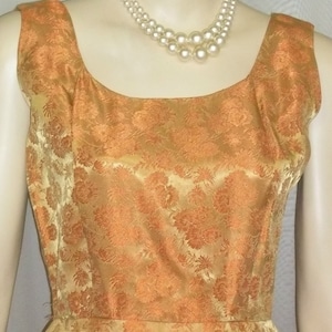 Vintage Gold Orange Blumen Jacquard 1950er Jahre Kleid Klein Medium