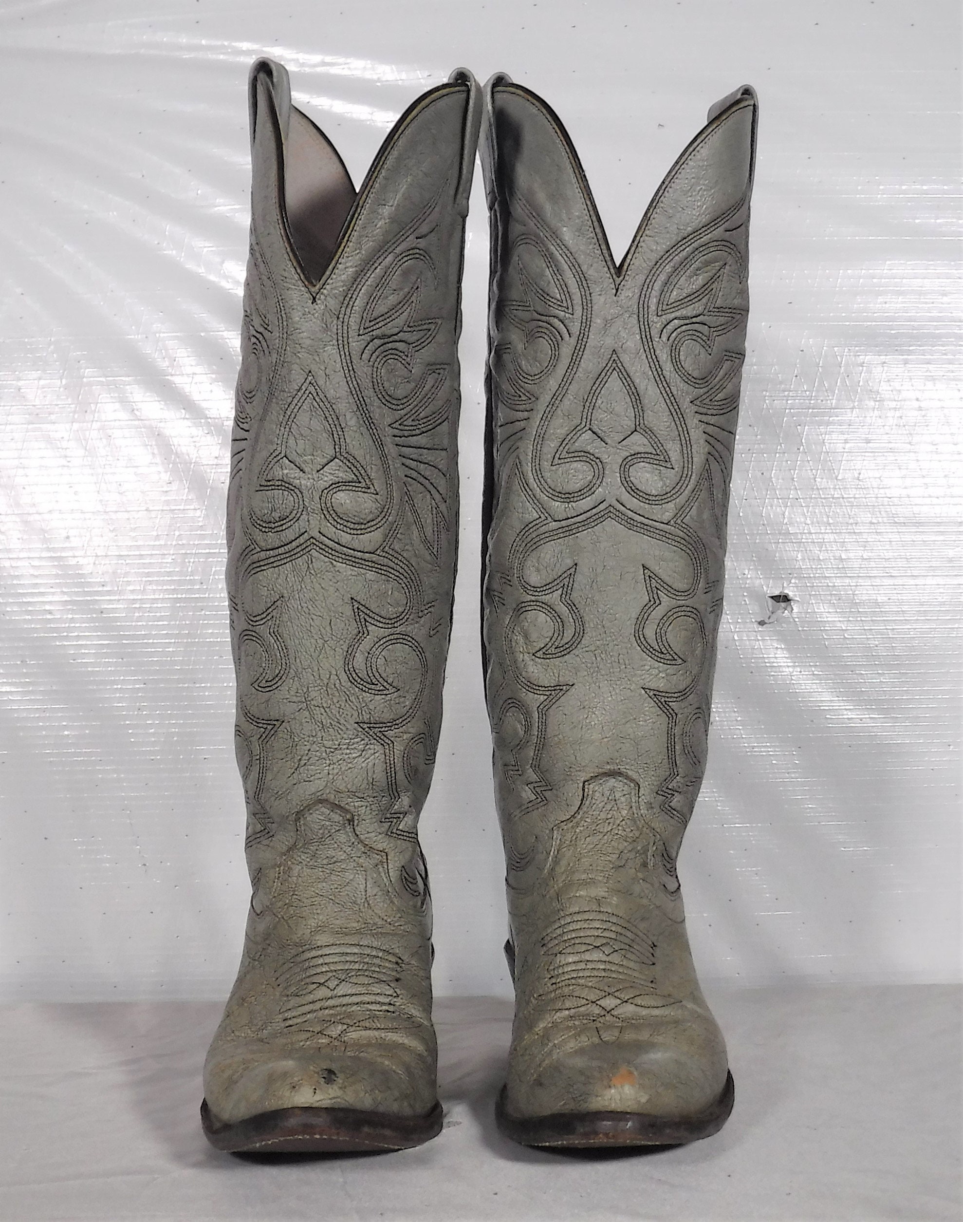 Vintage Grey Gray Leather Olathe KS Tall Cowboy Boots | Etsy