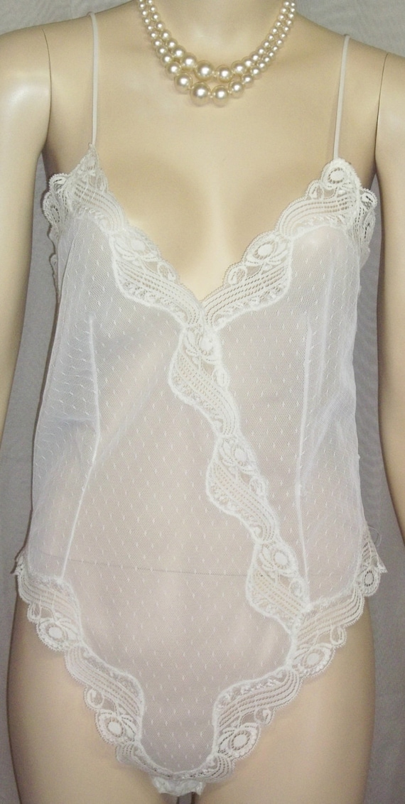 Vintage HTF RARE Olga Ivory Net Lace Teddy 34 Romper Bodysuit