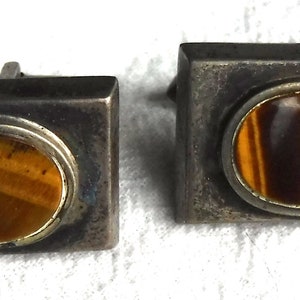 Vintage Tiger Eye 925 Sterling Silver Modernist Cuff Links Cufflinks
